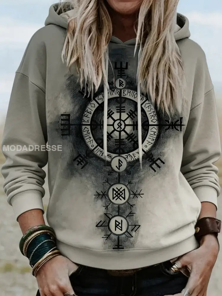 Kvinnors Vintage Nordic Viking konst tryckt huvad som bild / S