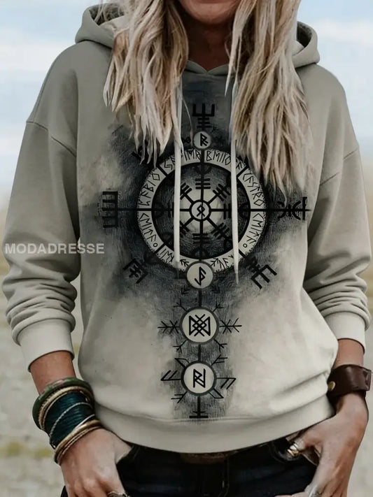 Kvinnors Vintage Nordic Viking konst tryckt huvad som bild / S