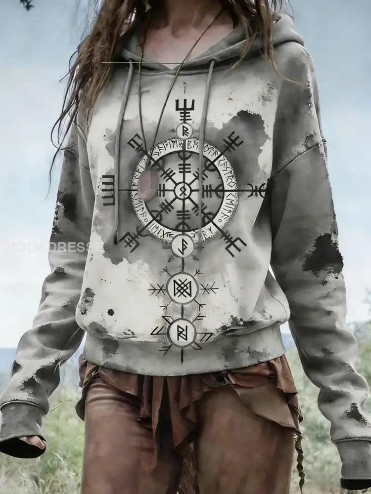 Kvinnors Vintage Nordic Viking konst tryckt huvad som bild / S