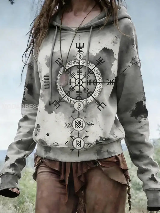 Kvinnors Vintage Nordic Viking konst tryckt huvad som bild / S