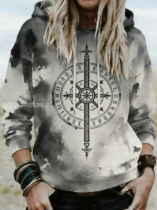 Kvinnors Vintage Nordic Viking konst tryckt huvad som bild / S