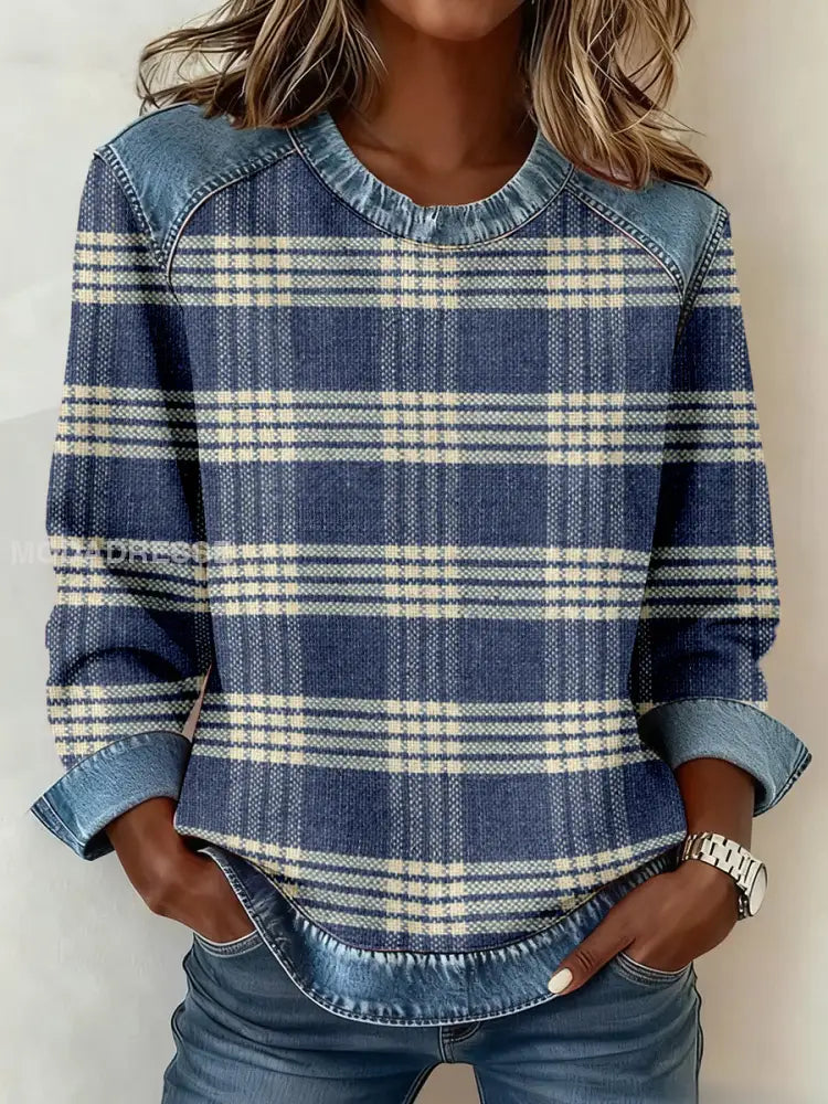 Kvinnors Vintage Plaid mönster Denim Patchwork Sweatshirt blå / S