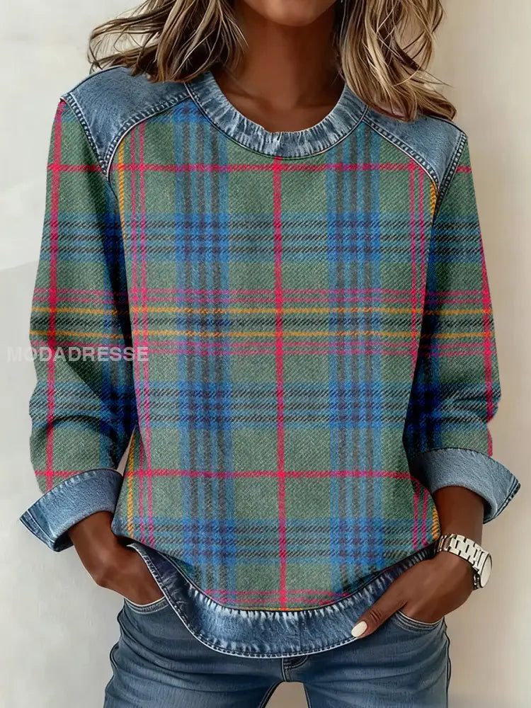 Kvinnors Vintage Plaid mönster Denim Patchwork Sweatshirt som bild / S