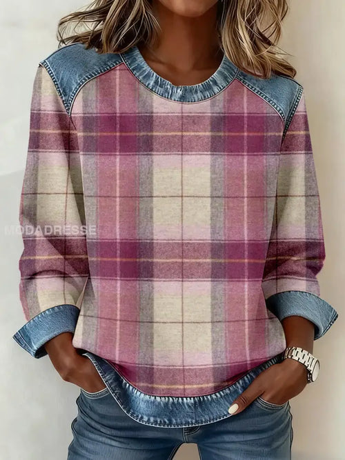 Kvinnors Vintage Plaid mönster Denim Patchwork Sweatshirt som bild / S