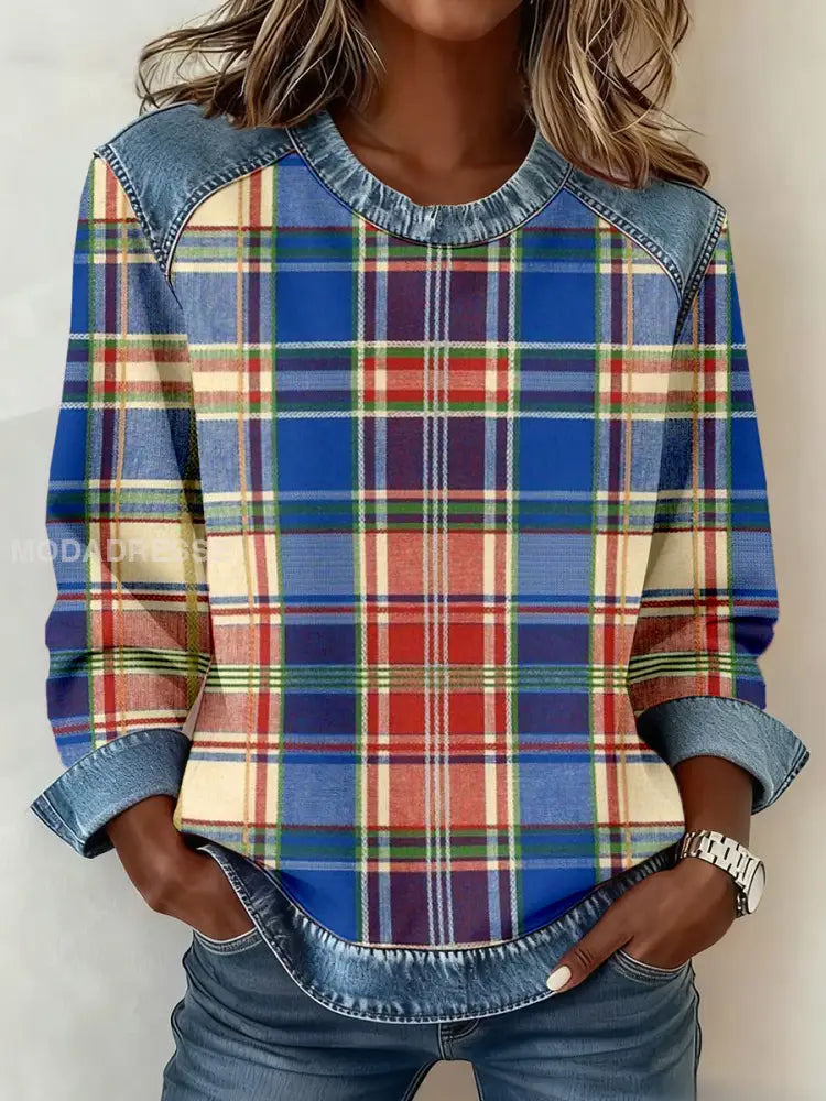 Kvinnors Vintage Plaid mönster Denim Patchwork Sweatshirt som bild / S