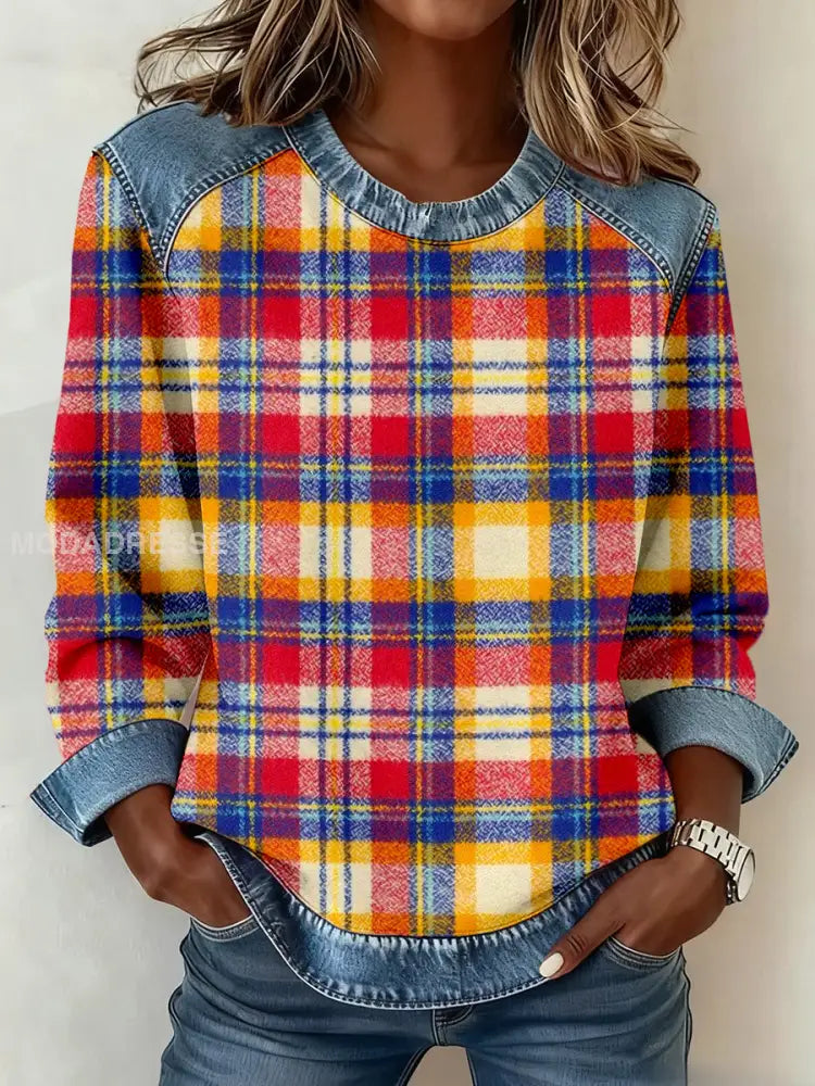 Kvinnors Vintage Plaid mönster Denim Patchwork Sweatshirt som bild / S