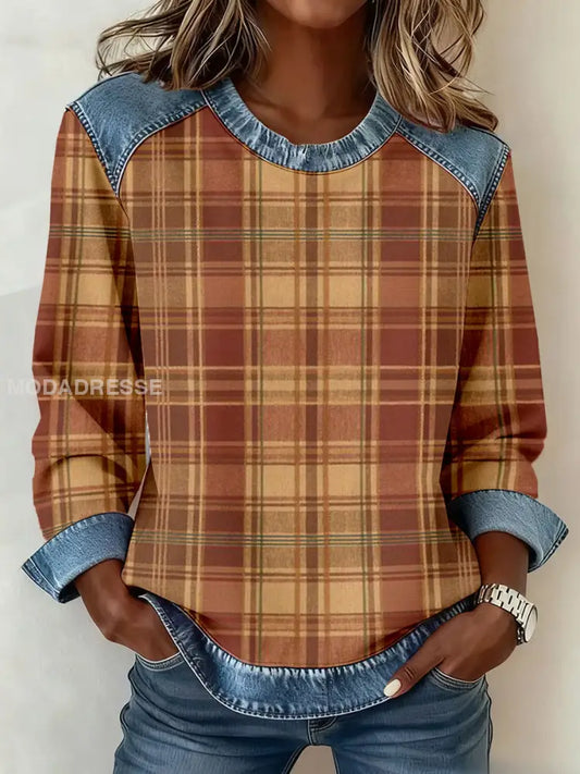 Kvinnors Vintage Plaid mönster Denim Patchwork Sweatshirt som bild / S