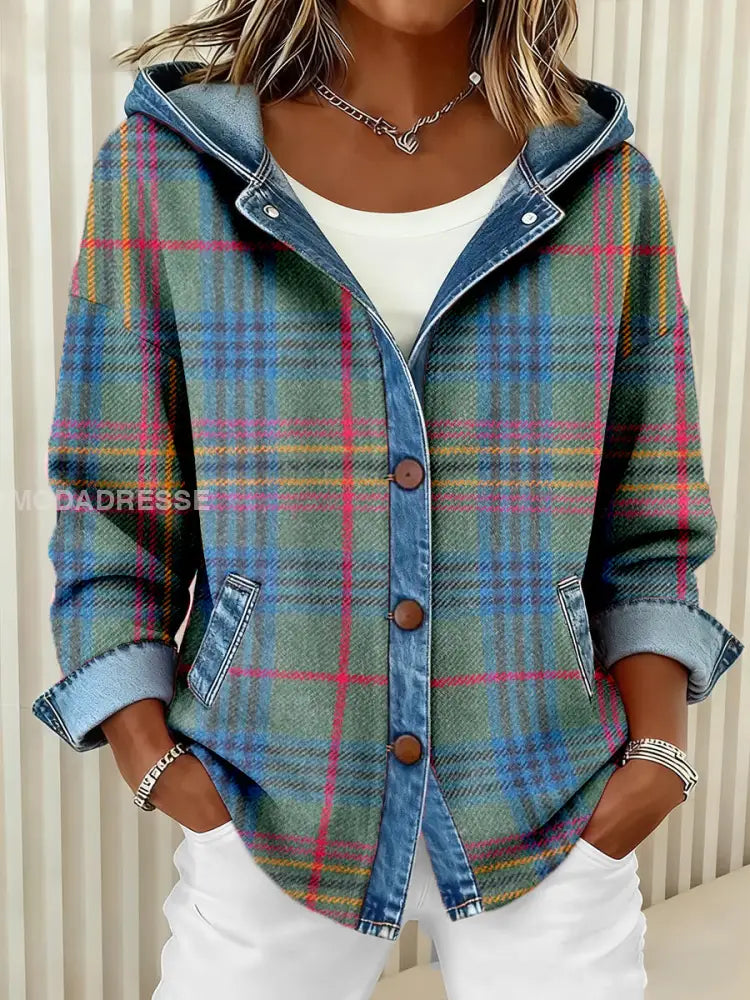 Kvinnors Vintage Plaid mönster mönster Konst Hoodie Cardigan som bild / S