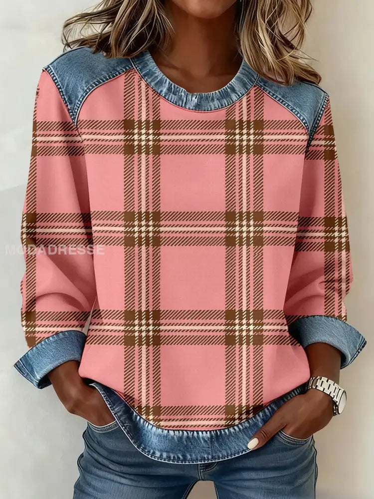Kvinnors Vintage Plaid mönster mönster Konst Sweatshirt som bild / S