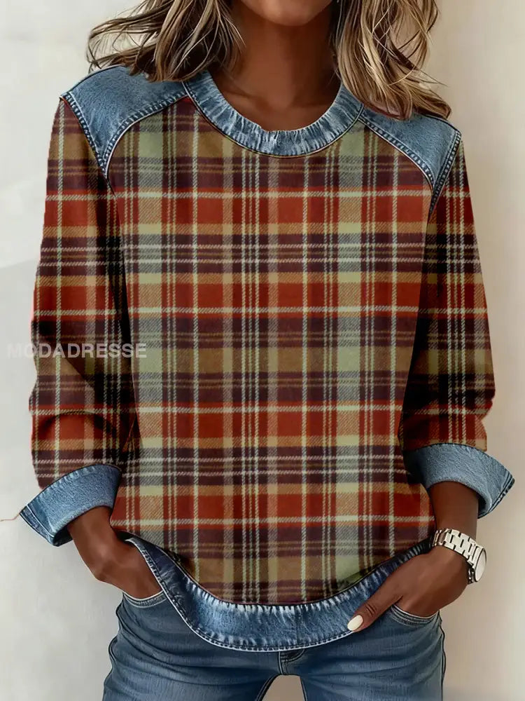 Kvinnors Vintage Plaid mönster mönster Konst Sweatshirt som bild / S