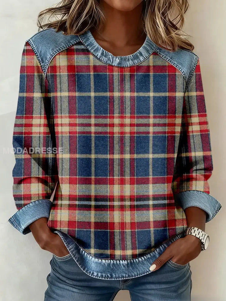 Kvinnors Vintage Plaid mönster mönster Konst Sweatshirt som bild / S