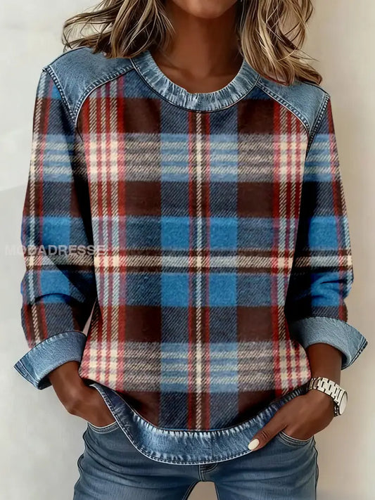 Kvinnors Vintage Plaid mönster mönster Konst Sweatshirt som bild / S