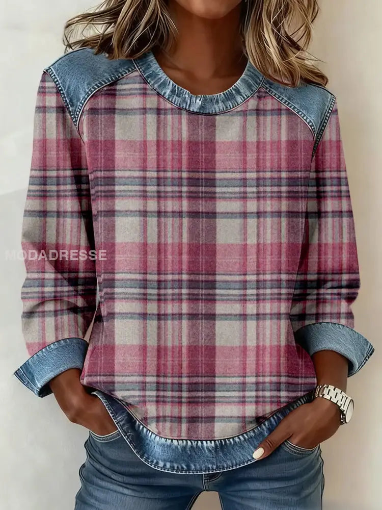 Kvinnors Vintage Plaid mönster mönster Konst Sweatshirt som bild / S