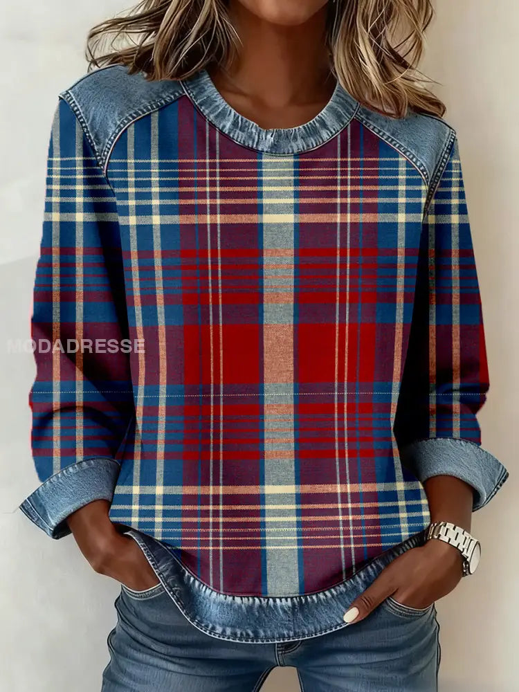 Kvinnors Vintage Plaid mönster mönster Konst Sweatshirt som bild / S