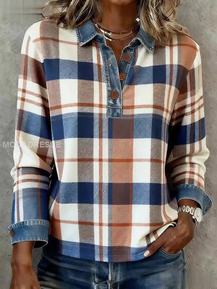 Kvinnors Vintage Plaid mönster mönster konst topp som bild / S