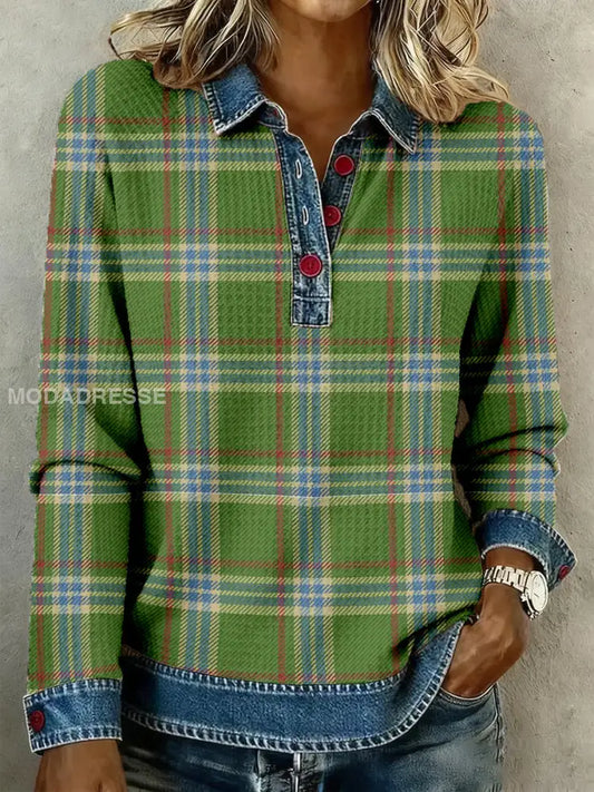 Kvinnors Vintage Plaid mönster mönster konst våffle topp som bild / S