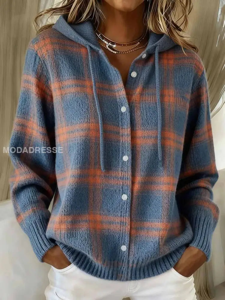 Kvinnors Vintage Plaid mönster Mysig Stick Hoodie Cardigan som bild / S