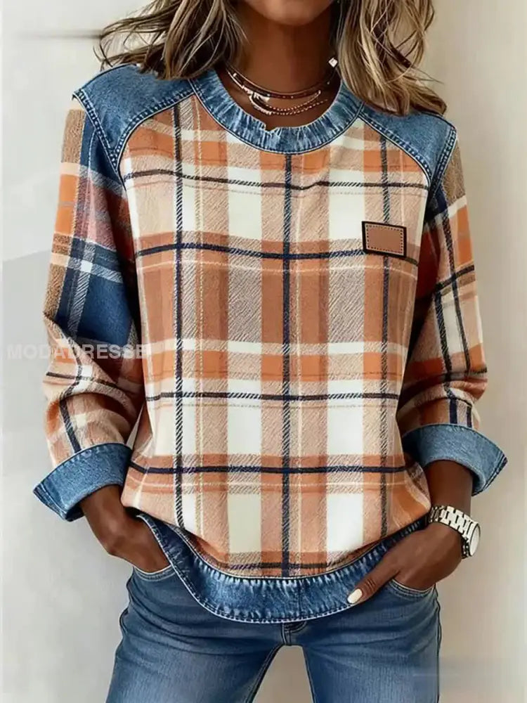 Kvinnors Vintage Plaid Print Patchwork Konst Sweatshirt som bild / S