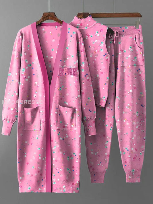 Kvinnors Vintage rosa paljeträng lack sticka tre stycke set flerlog / S