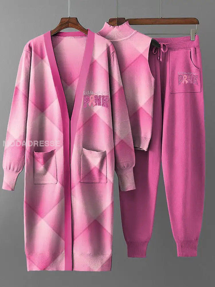 Kvinnors Vintage rosa plaid lack sticka tre stycken set flerlog / S
