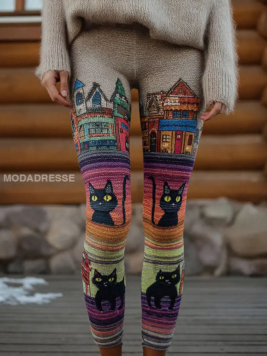 Kvinnors Vintage svarta katter Skriv ut Leggings som bild / S