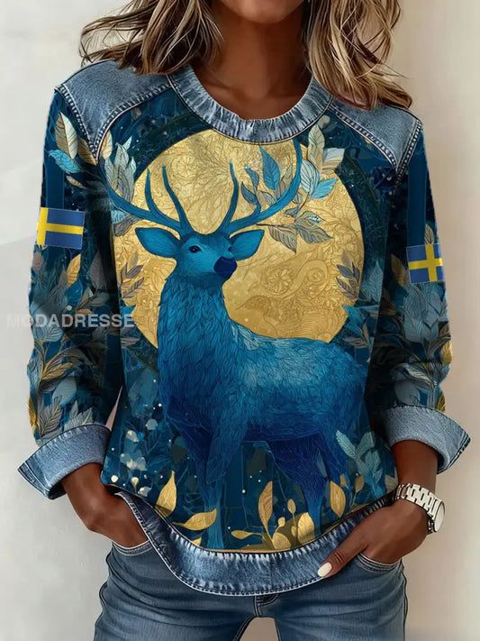 Kvinnors Vintage Sverige Konst tryckta topp blå / S