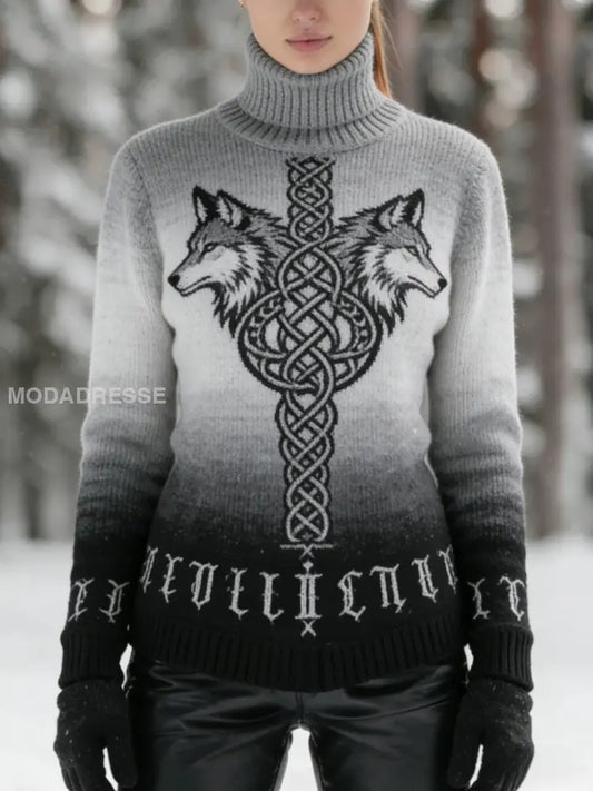 Kvinnors Vintage Viking Celtic Knot varg Rune Skriv ut turtlenecks tröjar grå / S
