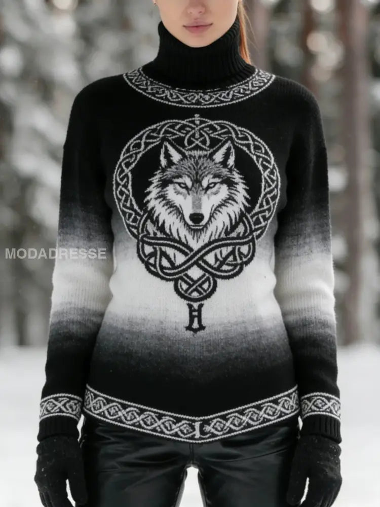 Kvinnors Vintage Viking Celtic Knot varg Rune Skriv ut turtlenecks tröjar svart / S