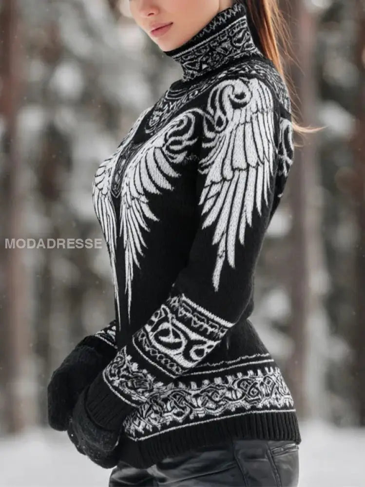 Kvinnors Vintage Viking Celtic Knot Wing Print Turtlenecks tröjar