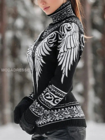 Kvinnors Vintage Viking Celtic Knot Wing Print Turtlenecks tröjar
