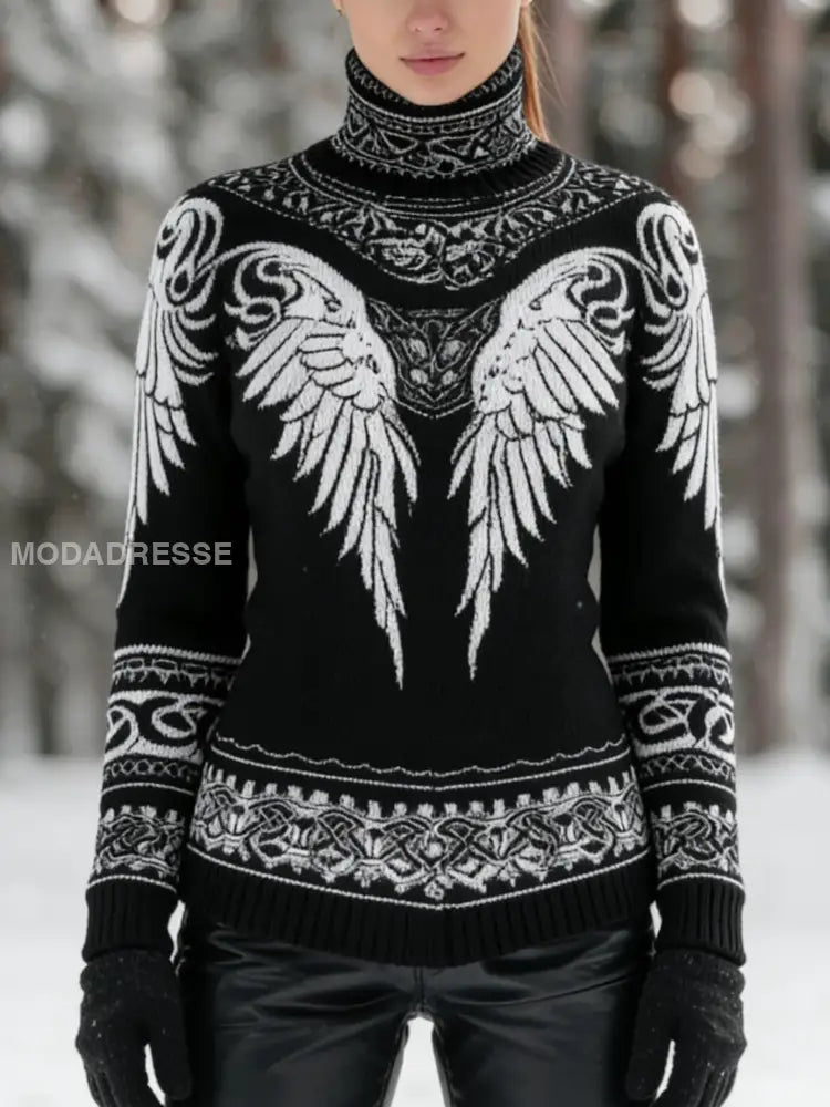 Kvinnors Vintage Viking Celtic Knot Wing Print Turtlenecks tröjar svart / S