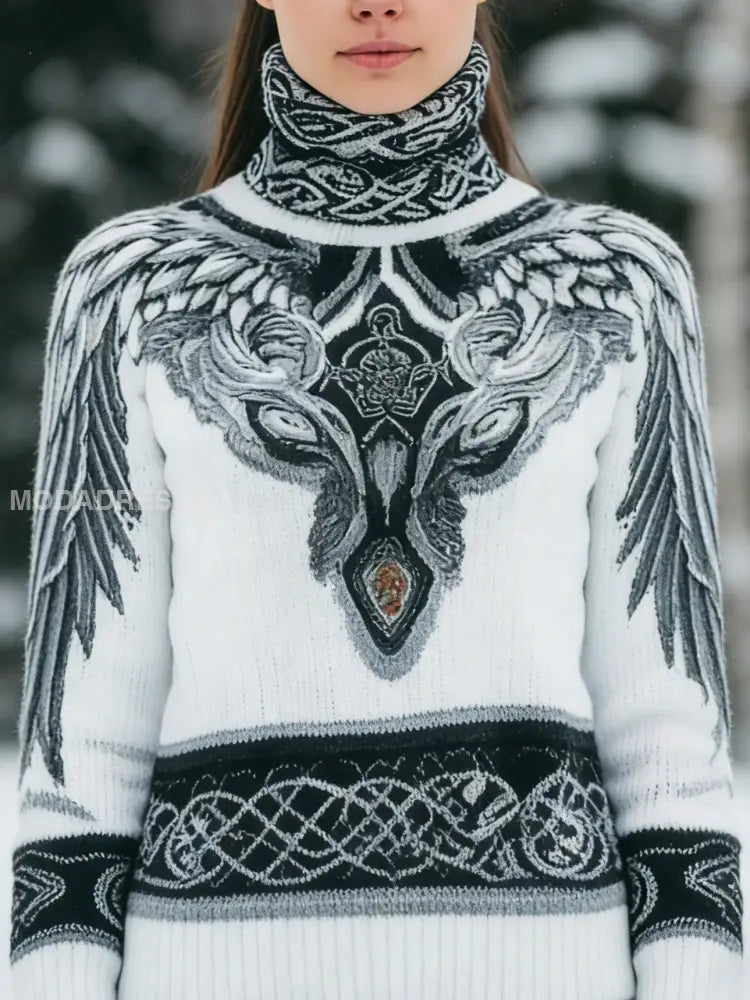 Kvinnors Vintage Viking Celtic Knot Wing Print Turtlenecks tröjar vitt / S