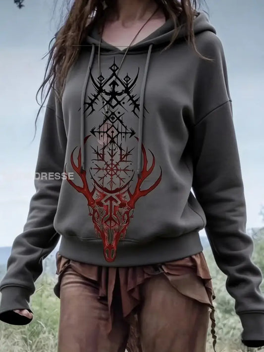 Kvinnors Vintage Viking gotiska konst tryckt Hooded Sweatshirt som bild / S