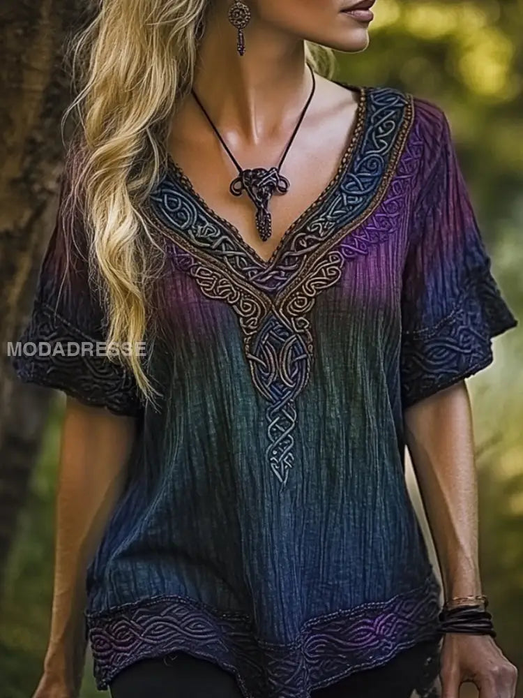 Kvinnors Vintage Viking keltisk knop gradient konst lin tröja som bild / S