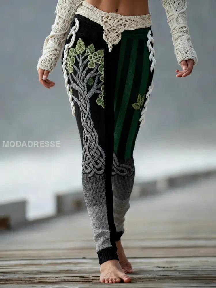 Kvinnors Vintage Viking keltisk knop träd liv Gradient Sport Stretch Leggings grönt / S