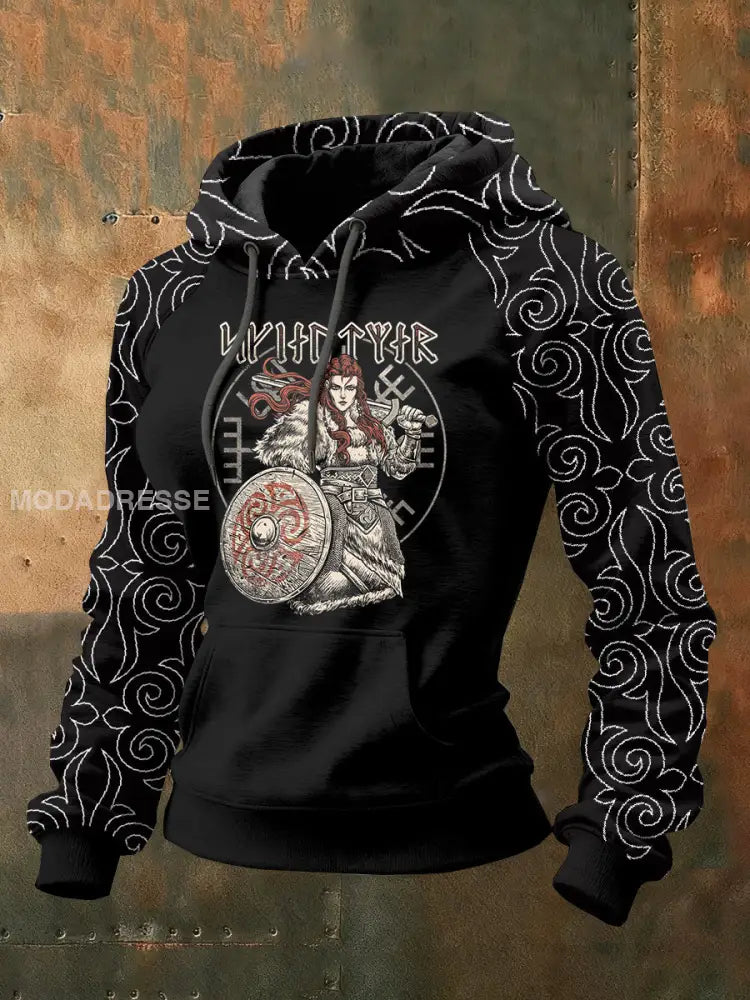 Kvinnors Vintage Viking Print Casual Sweatshirt som bild / S
