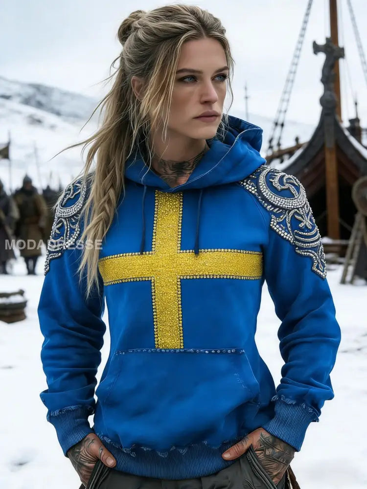 Kvinnors Vintage Viking Svensk Rhinestone Distressed Art Print Casual bomull Hooded Pocket Sweatshirt blå / S