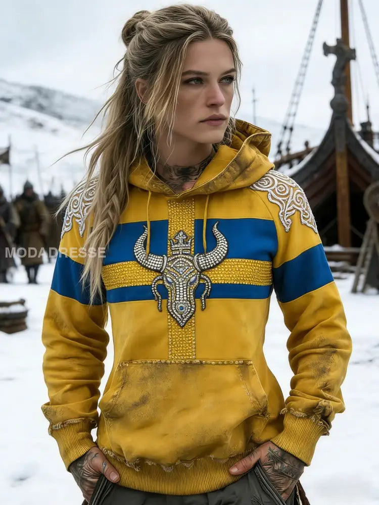 Kvinnors Vintage Viking Svensk Rhinestone Distressed Art Print Casual bomull Hooded Pocket Sweatshirt gul / S