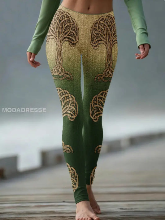 Kvinnors Vintage Viking träd liv keltiska sticka bekväma Leggings grönt / S