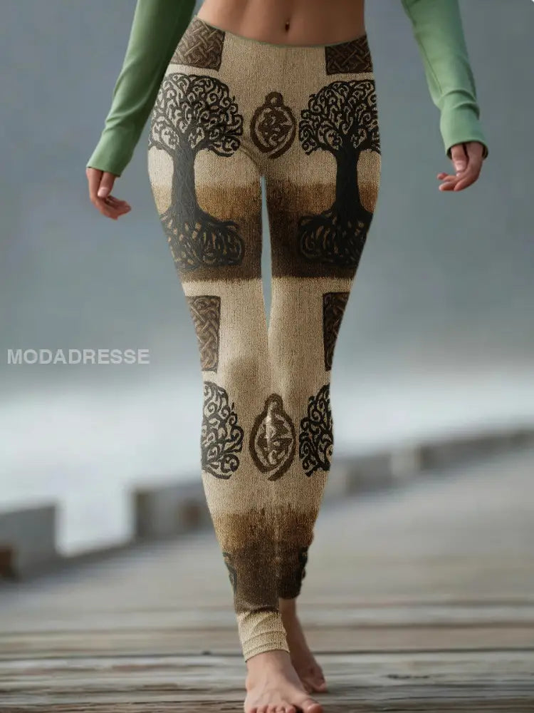 Kvinnors Vintage Viking träd liv keltiska sticka bekväma Leggings kaffe / S