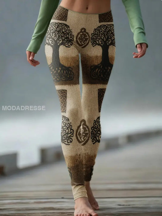 Kvinnors Vintage Viking träd liv keltiska sticka bekväma Leggings kaffe / S
