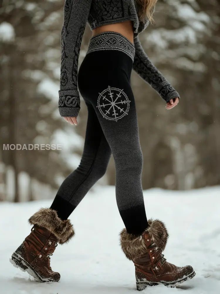 Kvinnors Vintage Viking Vegvisir Gradient Sport Stretch Leggings svart / S