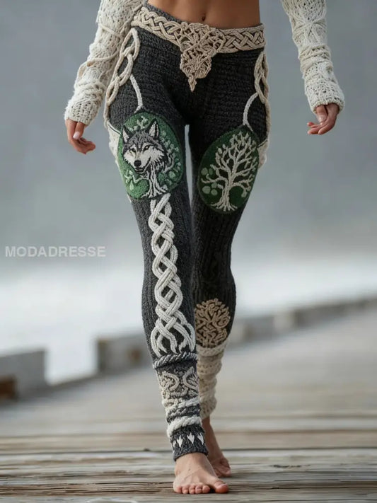 Kvinnors Vintage Viking Wolf Celtic Knop träd liv gradient Sport Stretch Leggings grå / S