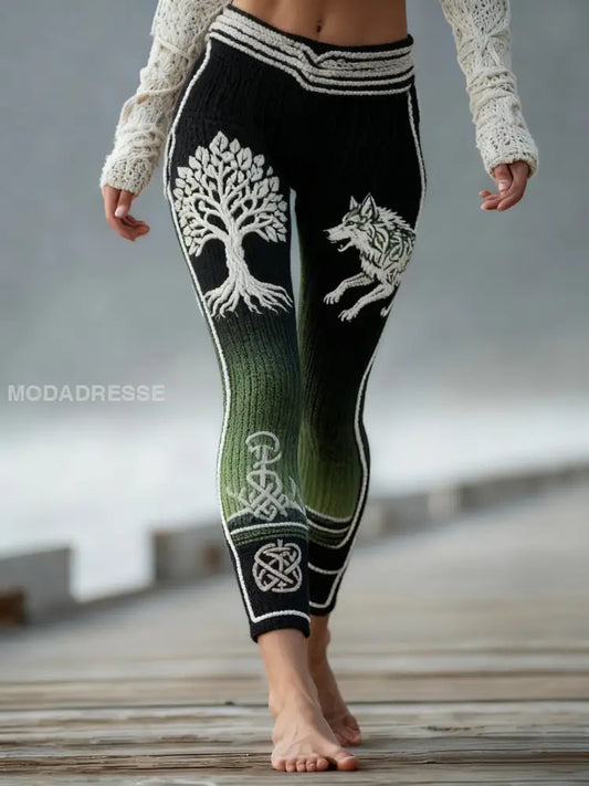 Kvinnors Vintage Viking Wolf Celtic Knop träd liv gradient Sport Stretch Leggings grönt / S
