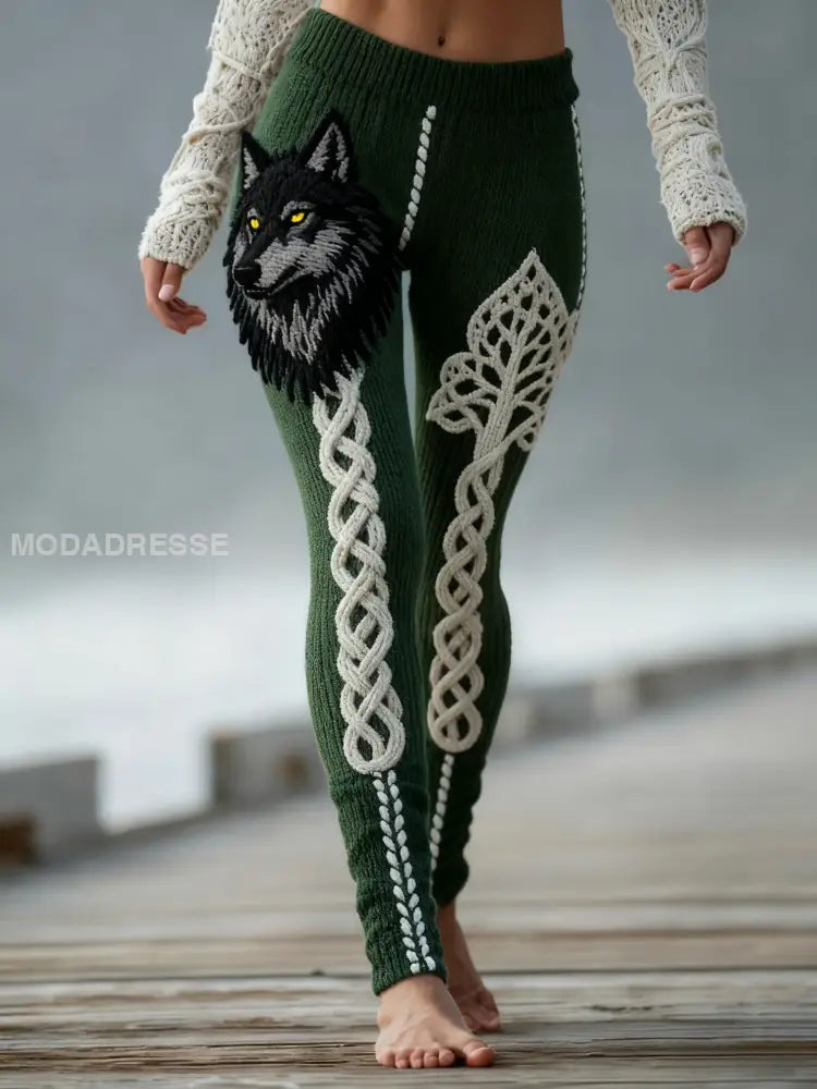 Kvinnors Vintage Viking Wolf Celtic Knop träd liv gradient Sport Stretch Leggings grönt / S
