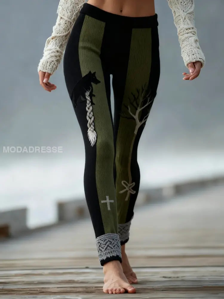 Kvinnors Vintage Viking Wolf Celtic Knop träd liv gradient Sport Stretch Leggings grönt / S
