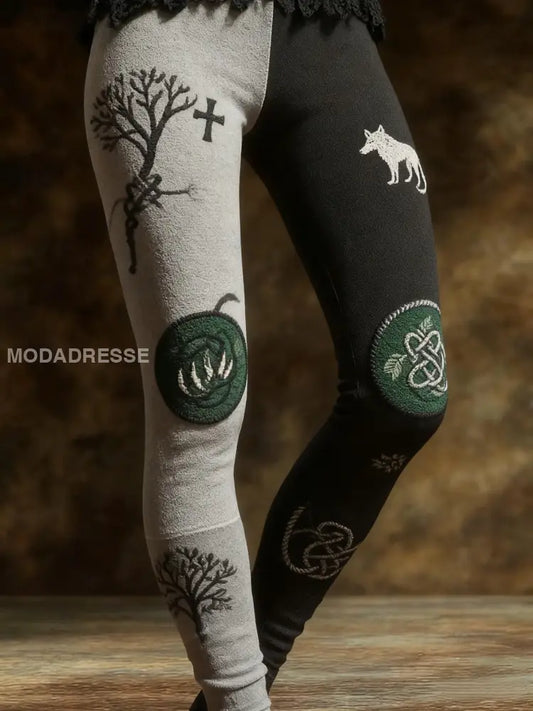 Kvinnors Vintage Viking Wolf Celtic Knop träd liv Patchwork Sport Stretch Leggings grå / S
