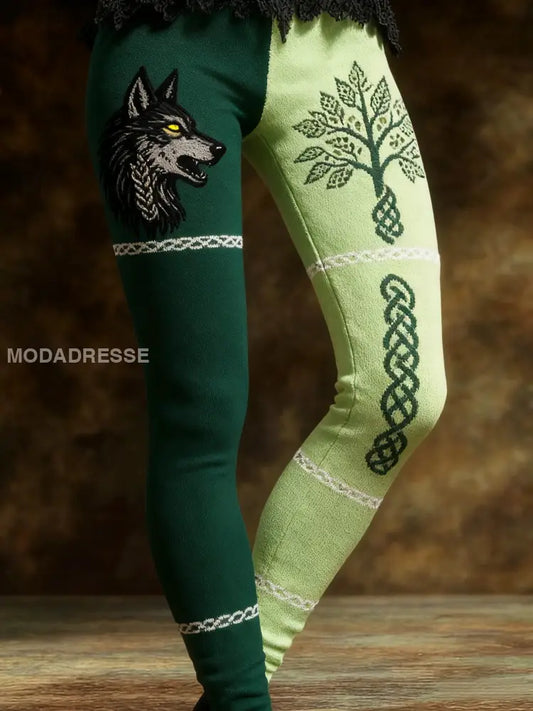 Kvinnors Vintage Viking Wolf Celtic Knop träd liv Patchwork Sport Stretch Leggings grönt / S
