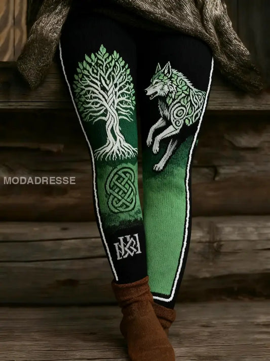 Kvinnors Vintage Viking Wolf Celtic Knop träd liv Patchwork Sport Stretch Leggings grönt / S