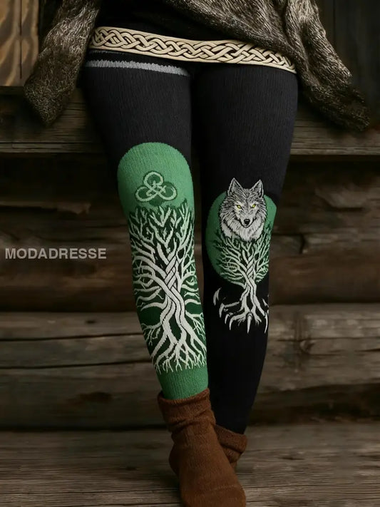 Kvinnors Vintage Viking Wolf Celtic Knop träd liv Patchwork Sport Stretch Leggings grönt / S
